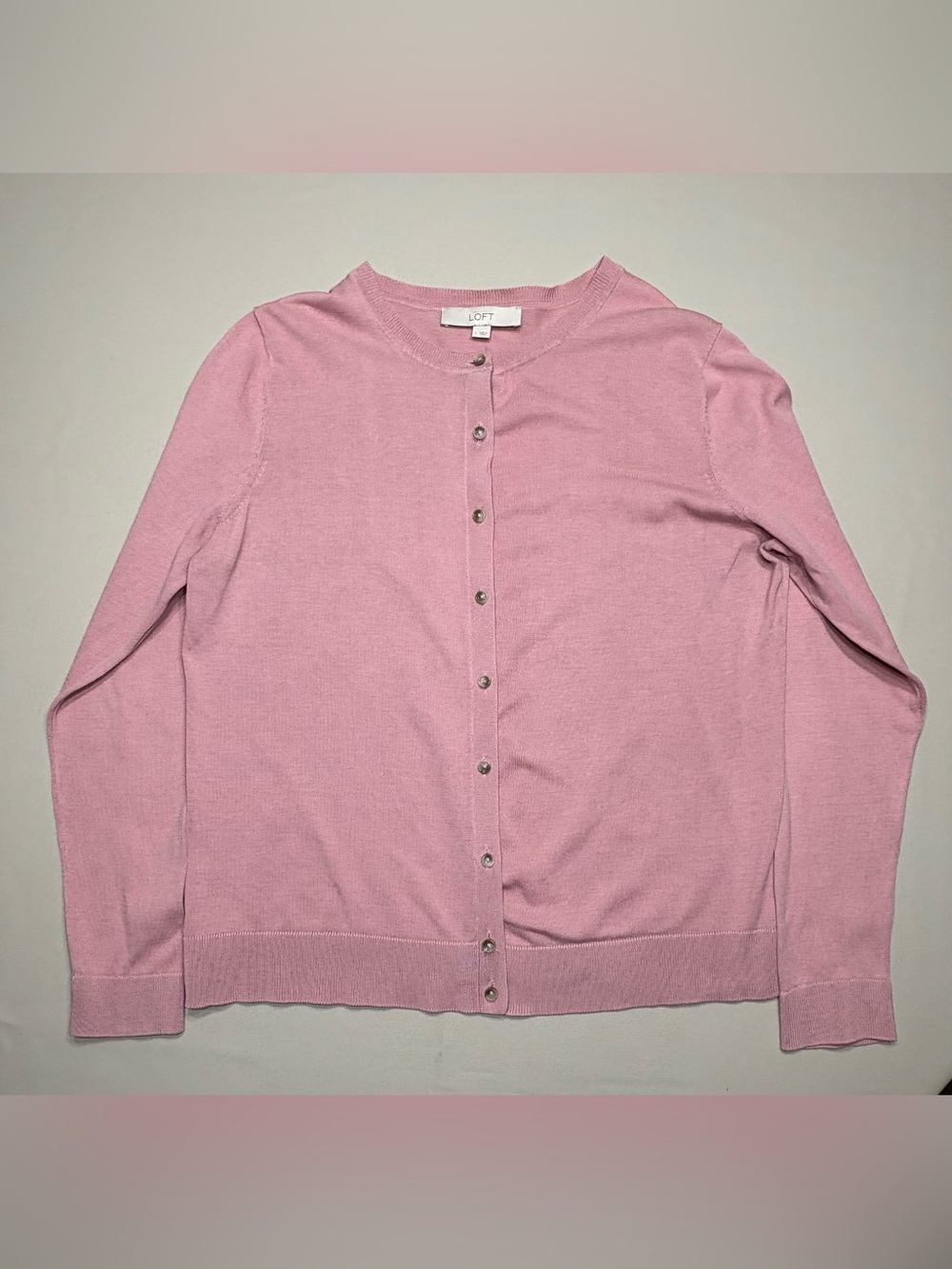 LOFT Light Pink Crewneck Button-Front Cardigan - Picture 9 of 11